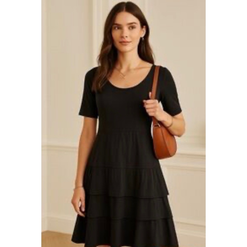 Hanna Andersson Womens Black Tiered Knit Midi Dress Short Sleeve Size‎ Large